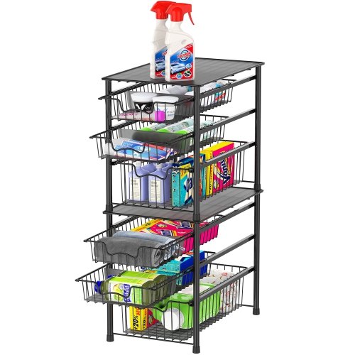 SimpleHouseware 3 Tier Stackable Pull Out Sliding Basket Organizer Drawer, Black
