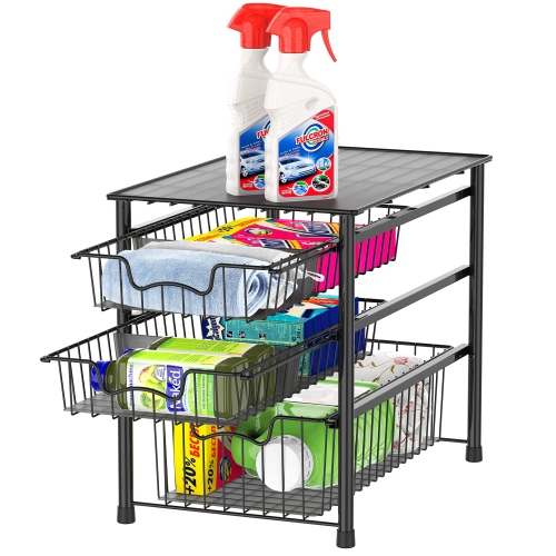 SimpleHouseware 3 Tier Stackable Pull Out Sliding Basket Organizer Drawer, Black
