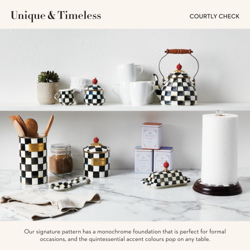 MACKENZIE-CHILDS Enamel Spoon Rest, Kitchen Utensil Rest and Spoon Holder, Kitchen Decor, Black-and-White Courtly Check