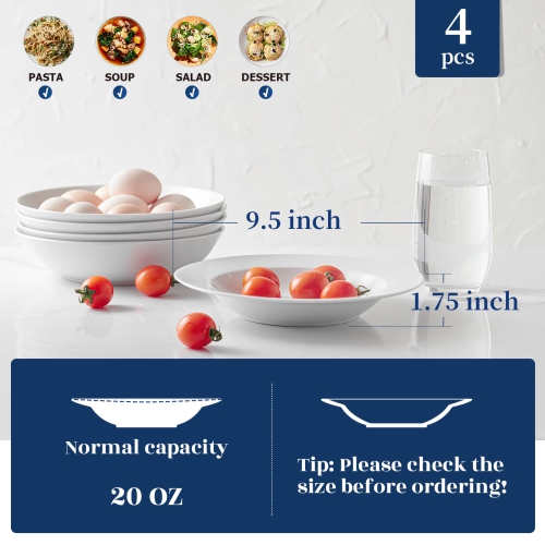 YHY – Pâtes, soupe, bols à salade, 20 oz en porcelaine, ensemble de bols à bordure large de 9,5 po, blanc, ensemble de 4