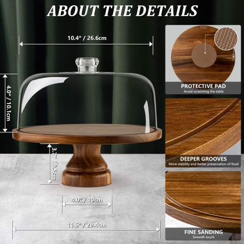 Support à gâteau avec couvercle en dôme d'ANBOXIT, assiette à gâteau en bois d'acacia avec couvercle, support à gâteau en bois avec dôme en acrylique