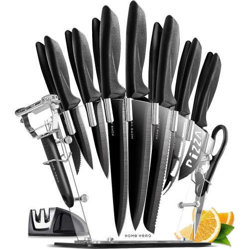 Home Hero Knife Block Set - Kitchen Knife Set with Knife Sharpener - Knife Holder - Knife Set with Block (17 pcs - Bla..
