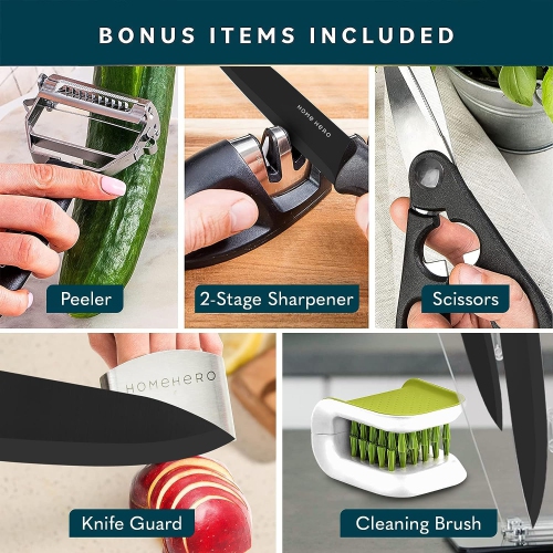 Home Hero Knife Block Set - Kitchen Knife Set with Knife Sharpener - Knife Holder - Knife Set with Block (17 pcs - Bla..