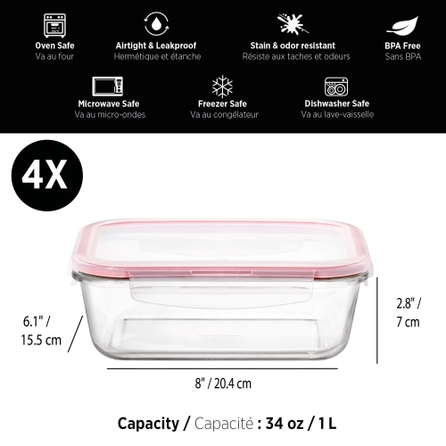 STARFRIT LocknLock 8-Piece Borosilicate Glass Container Set - 4 x 34oz/1L - Airtight & Leakproof - 4-Sided Locking Lid