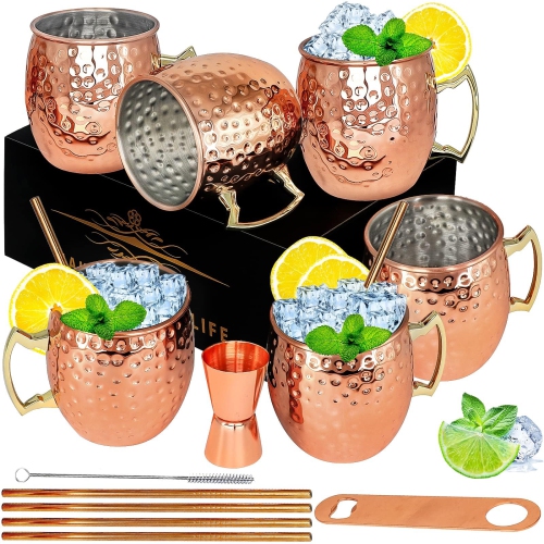 LINALL Moscow Mule Copper Mugs- Set of 6 Copper Plated Stainless Steel Mug 18oz, for Chilled Drinks