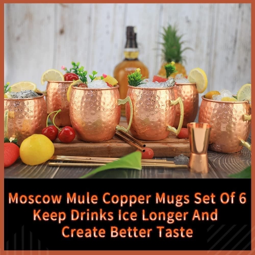 LINALL Moscow Mule Copper Mugs- Set of 6 Copper Plated Stainless Steel Mug 18oz, for Chilled Drinks