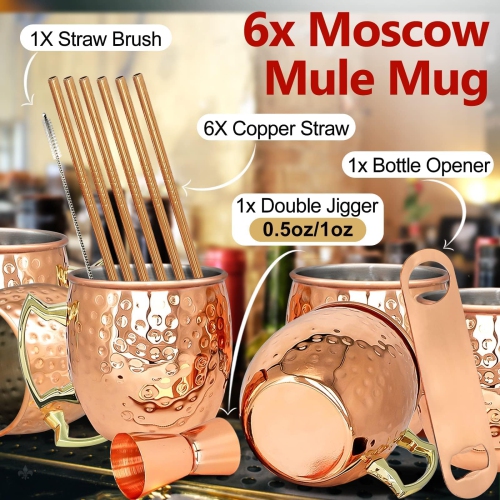 LINALL Moscow Mule Copper Mugs- Set of 6 Copper Plated Stainless Steel Mug 18oz, for Chilled Drinks