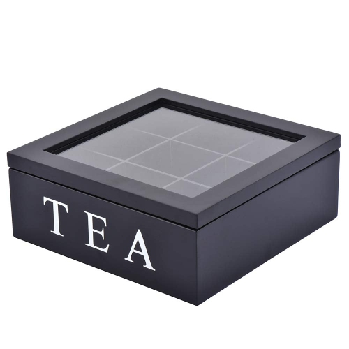 Fonture Wood Tea Storage Box, Teabag Storing 9 Compartments Wooden Tea Box Hinged Glass Lid Tea Organizer-Black