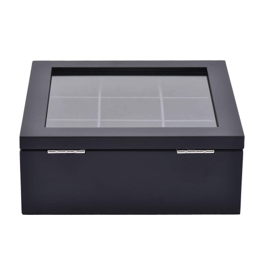 Fonture Wood Tea Storage Box, Teabag Storing 9 Compartments Wooden Tea Box Hinged Glass Lid Tea Organizer-Black