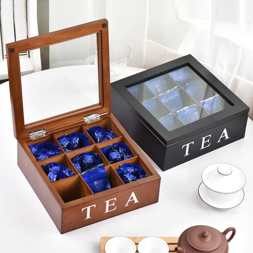 Fonture Wood Tea Storage Box, Teabag Storing 9 Compartments Wooden Tea Box Hinged Glass Lid Tea Organizer-Black