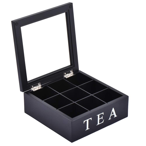 Fonture Wood Tea Storage Box, Teabag Storing 9 Compartments Wooden Tea Box Hinged Glass Lid Tea Organizer-Black