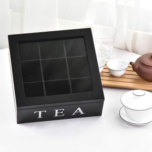 Fonture Wood Tea Storage Box, Teabag Storing 9 Compartments Wooden Tea Box Hinged Glass Lid Tea Organizer-Black