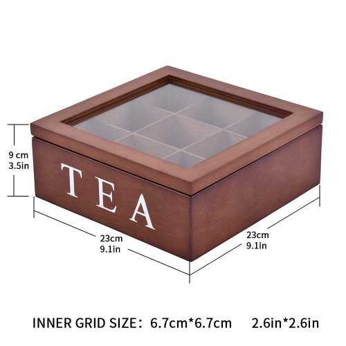 Fonture Wood Tea Storage Box, Teabag Storing 9 Compartments Wooden Tea Box Hinged Glass Lid Tea Organizer-Black