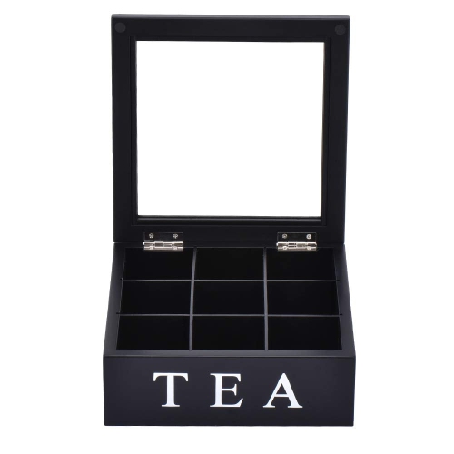 Fonture Wood Tea Storage Box, Teabag Storing 9 Compartments Wooden Tea Box Hinged Glass Lid Tea Organizer-Black