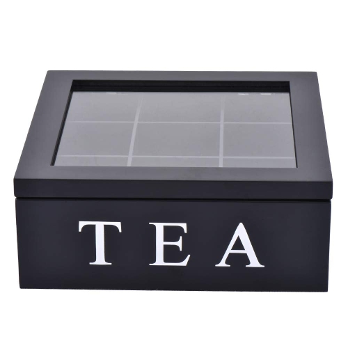 Fonture Wood Tea Storage Box, Teabag Storing 9 Compartments Wooden Tea Box Hinged Glass Lid Tea Organizer-Black