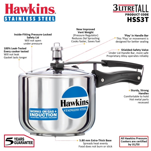 Hawkins B33 Pressure Cooker Stainless Steel, Small, Silver