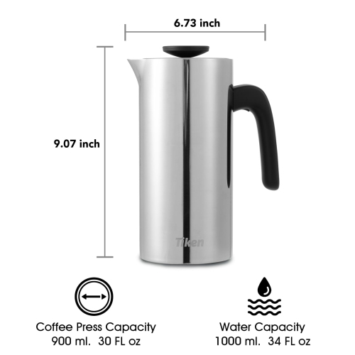 French Press Coffee Maker Stainless Steel Double-wall Vacuum Insulated Coffee Press Dishwasher Safe, 34Oz Silver