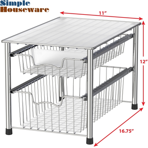 SimpleHouseware Stackable 2 Tier Sliding Basket Organizer Drawer, Chrome
