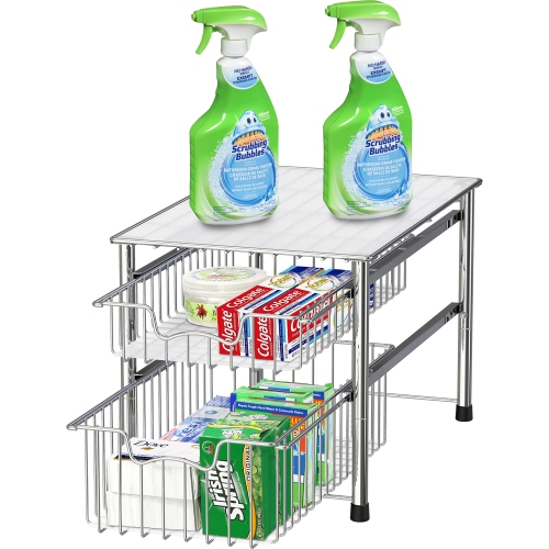 SimpleHouseware Stackable 2 Tier Sliding Basket Organizer Drawer, Chrome