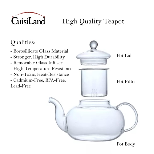 Filtre amovible Cuisiland 1000 ml et théière en verre borosilicaté avec ensemble de 6 tasses 100 ml