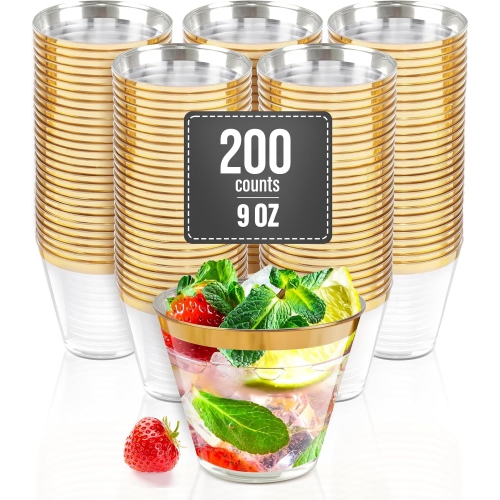 XpressPak 200 Count Plastic Wine Glasses - 9 Oz - Gold Rim Plastic Cups, Fancy Cocktail Party Cups
