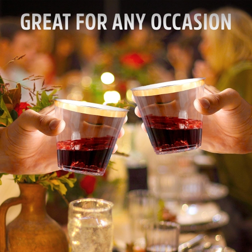 XpressPak 200 Count Plastic Wine Glasses - 9 Oz - Gold Rim Plastic Cups, Fancy Cocktail Party Cups