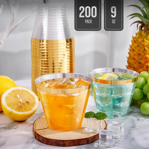XpressPak 200 Count Plastic Wine Glasses - 9 Oz - Gold Rim Plastic Cups, Fancy Cocktail Party Cups