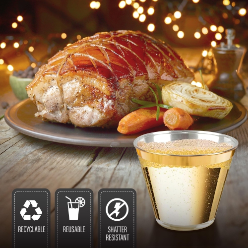 XpressPak 200 Count Plastic Wine Glasses - 9 Oz - Gold Rim Plastic Cups, Fancy Cocktail Party Cups