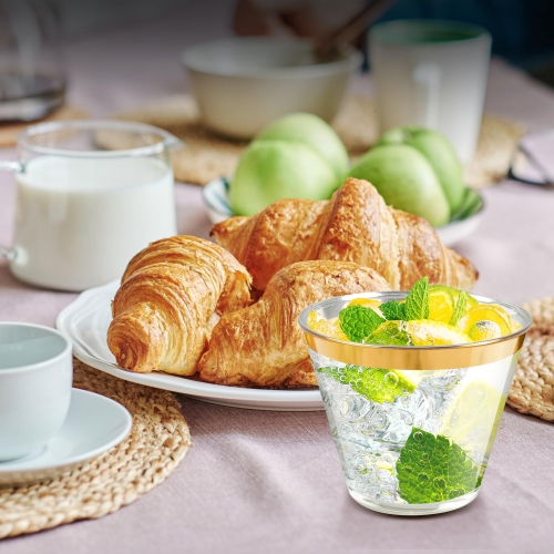 XpressPak 200 Count Plastic Wine Glasses - 9 Oz - Gold Rim Plastic Cups, Fancy Cocktail Party Cups