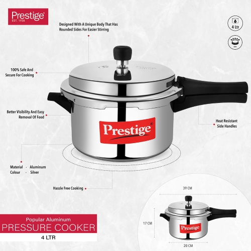 Prestige Popular Aluminium Pressure Cooker, 4 Liters,Silver