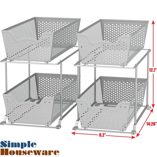 SimpleHouseware 2 Tier Pull Out Cabinet Organizer Drawer for Under Sink, Kitchen, and Bathroom, 2 Pack, Grey