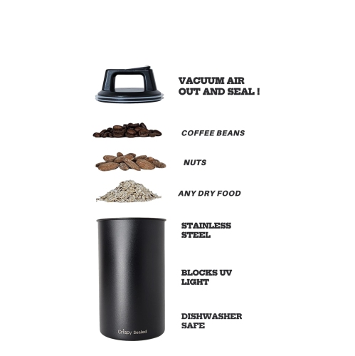 Vacuum Canister for Coffee & Dry Food | Stainless Steel Jar | Push Air Out to Preserve Freshness | Matte Black | 1.7 L..