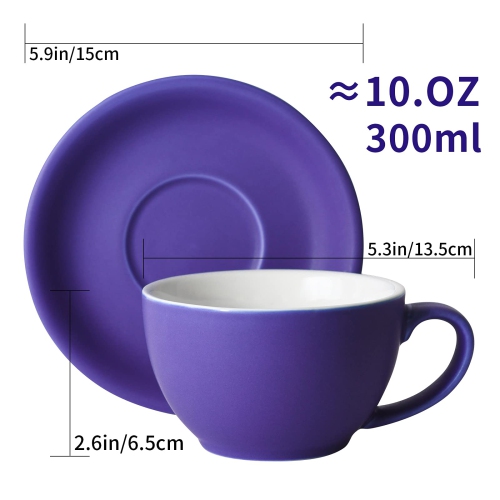 Tasse et soucoupe pour latte en porcelaine Yundu - 10&nbsp;oz pour cappuccino, thé, café moka, ensemble de 4, couleurs mixtes mates