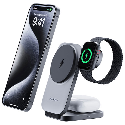 Station de chargement magnétique repliable 3-en-1 Qi2 MagFusion Z d'AUKEY - Gris spatial