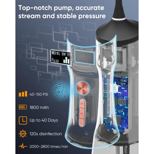 MySmile LP221 UVC Sterilizable Cordless Water Flossers for Teeth 335ML Portable OLED Display Dental Flosser with 4 Modes 8 Jet Tips and a Storage
