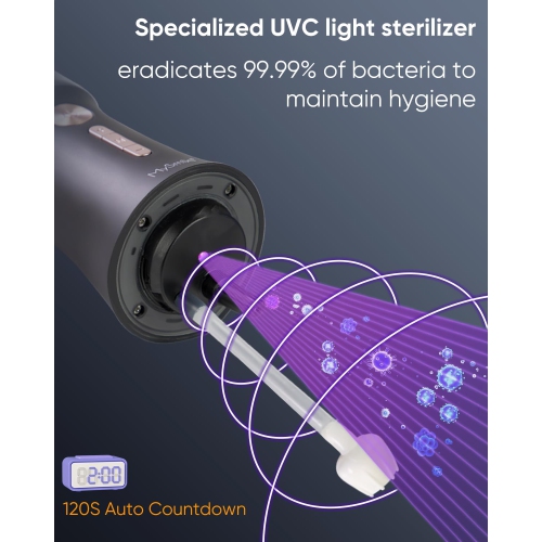 MySmile LP221 UVC Sterilizable Cordless Water Flossers for Teeth 335ML Portable OLED Display Dental Flosser with 4 Modes 8 Jet Tips and a Storage