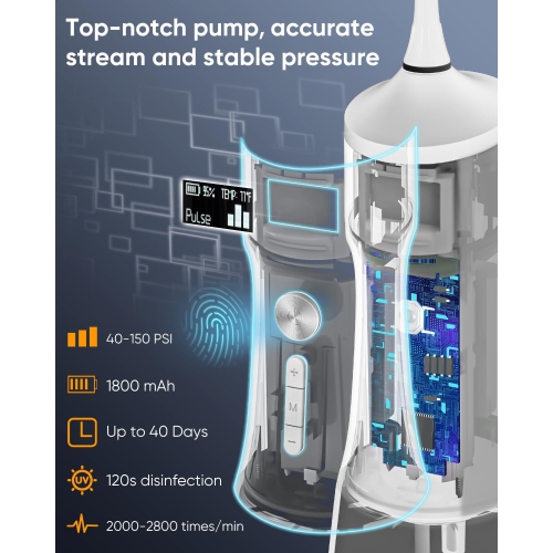 MySmile LP221 UVC Sterilizable Cordless Water Flossers for Teeth 335ML Portable OLED Display Dental Flosser with 4 Modes 8 Jet Tips and a Storage