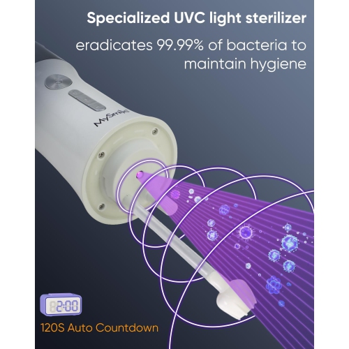 MySmile LP221 UVC Sterilizable Cordless Water Flossers for Teeth 335ML Portable OLED Display Dental Flosser with 4 Modes 8 Jet Tips and a Storage