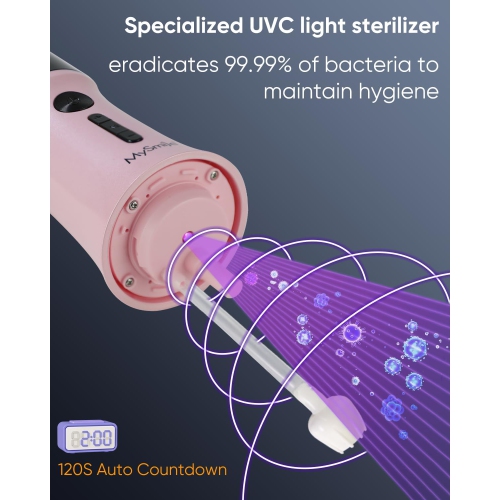 MySmile LP221 UVC Sterilizable Cordless Water Flossers for Teeth 335ML Portable OLED Display Dental Flosser with 4 Modes 8 Jet Tips and a Storage