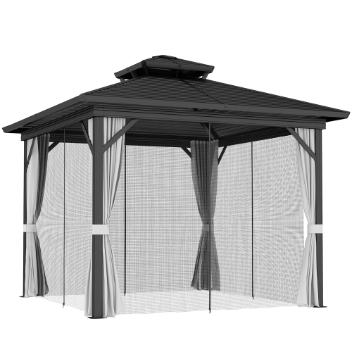Image 1 de 9.. Abri de jardin Outsunny à toit rigide de 10 x 10 pi, abri de jardin à cadre en aluminium avec toit en métal à deux niveaux, moustiquaire, rideaux et
