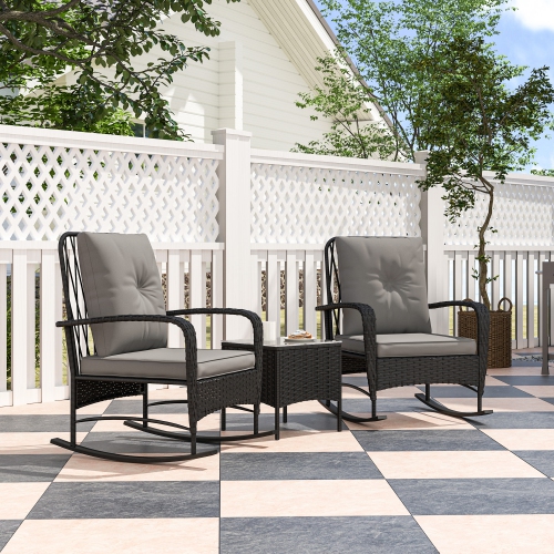 Outsunny 3 Pieces Rattan Bistro Set with Rocking Chairs, Wicker Patio Furniture Set with Thick Cushions, Bistro Table Set Outdoor Patio Conversation