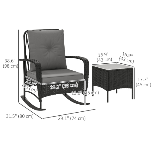 Outsunny 3 Pieces Rattan Bistro Set with Rocking Chairs, Wicker Patio Furniture Set with Thick Cushions, Bistro Table Set Outdoor Patio Conversation