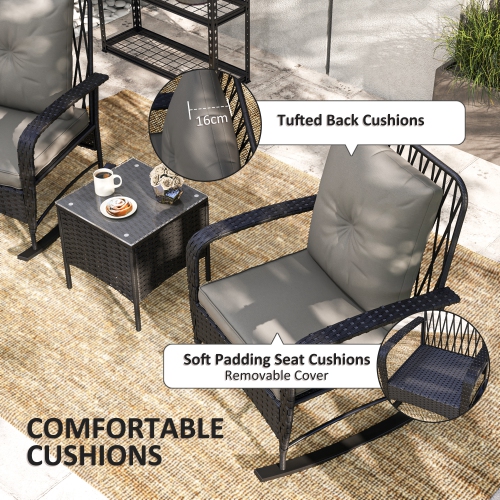 Outsunny 3 Pieces Rattan Bistro Set with Rocking Chairs, Wicker Patio Furniture Set with Thick Cushions, Bistro Table Set Outdoor Patio Conversation