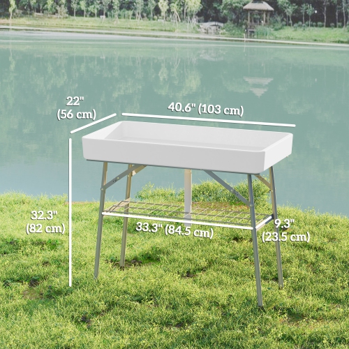 Outsunny 3.4ft Folding Ice Cooler Table with Drain, Outdoor Patio Party Cooler for Drinks, Fishing Cleaning Table with Storage Shelf for Picnic BBQ