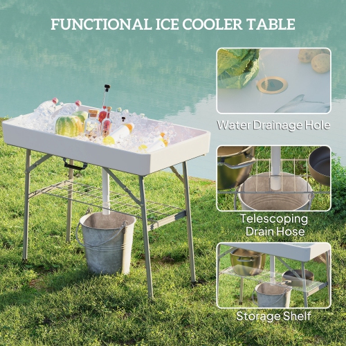 Outsunny 3.4ft Folding Ice Cooler Table with Drain, Outdoor Patio Party Cooler for Drinks, Fishing Cleaning Table with Storage Shelf for Picnic BBQ