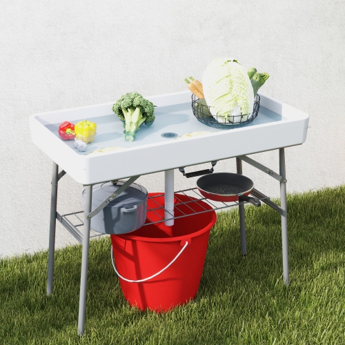 Outsunny 3.4ft Folding Ice Cooler Table with Drain, Outdoor Patio Party Cooler for Drinks, Fishing Cleaning Table with Storage Shelf for Picnic BBQ