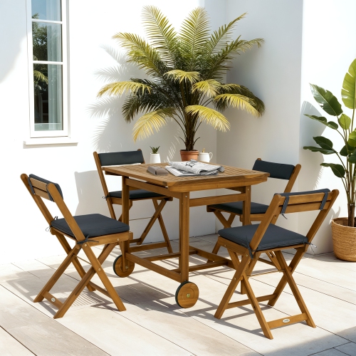 Outsunny 5 Pieces Patio Dining Set for 4, Wheeled Table and Folding Chairs with Cushions, Wood Patio Table and Chairs, Outdoor Furniture Set for