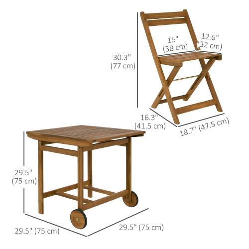 Outsunny 5 Pieces Patio Dining Set for 4, Wheeled Table and Folding Chairs with Cushions, Wood Patio Table and Chairs, Outdoor Furniture Set for