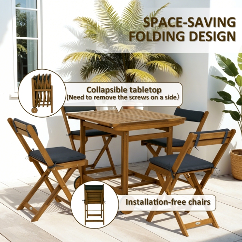 Outsunny 5 Pieces Patio Dining Set for 4, Wheeled Table and Folding Chairs with Cushions, Wood Patio Table and Chairs, Outdoor Furniture Set for