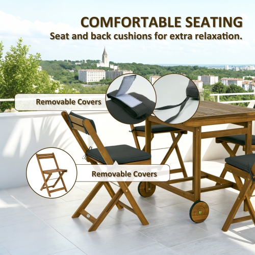 Outsunny 5 Pieces Patio Dining Set for 4, Wheeled Table and Folding Chairs with Cushions, Wood Patio Table and Chairs, Outdoor Furniture Set for